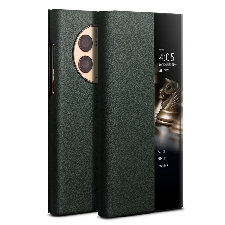 Кейс за Huawei Mate 50 Pro, smart cover, слим от естествена кожа, Qalino Smart Luxury, цвят Cyan