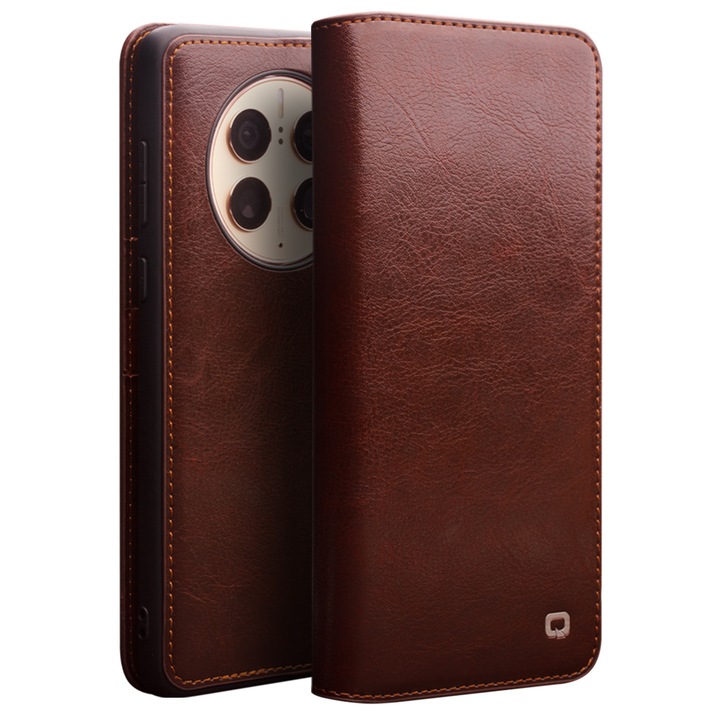 Husa pentru Huawei Mate 50 Pro, din piele fina tip carte, cu buzunare card si bani, stand, Qialino Classic Wallet, culoare Maro Coffee