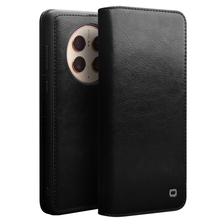 Husa pentru Huawei Mate 50 Pro, din piele fina tip carte, cu buzunare card si bani, stand, Qialino Classic Wallet, culoare Negru