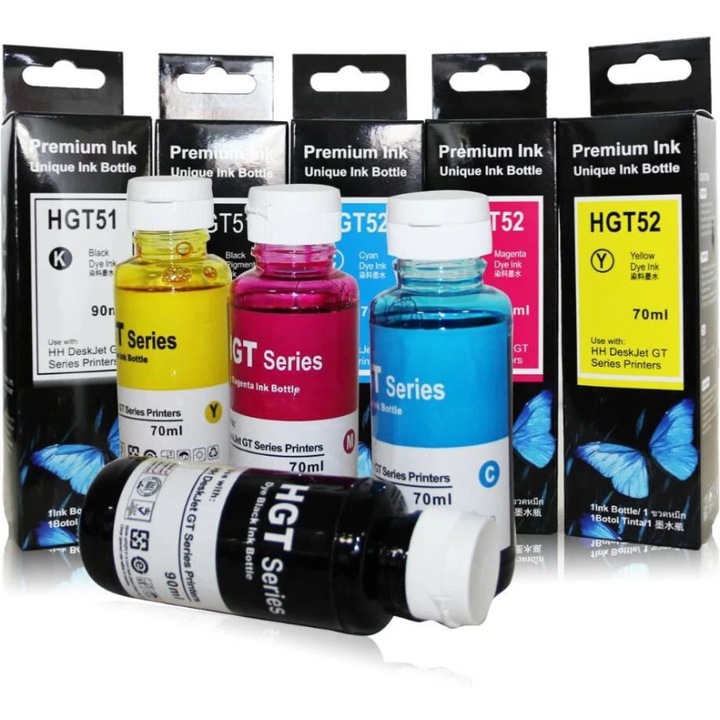 Set 4 flacoane Cerneala compatibila cu HP GT-51 Black GT-52 Yellow, Cyan, Magenta