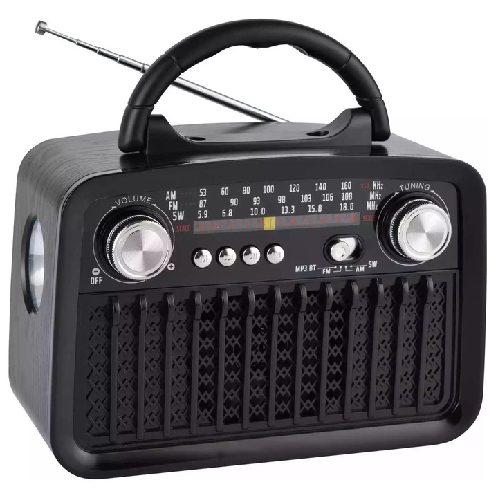 Radio MP3, cu bluetooth, USB/TF, baterie reincarcabila, lanterna, negru - PX95BT