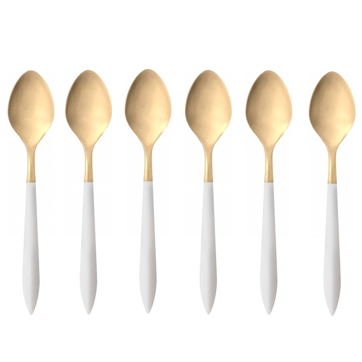 Комплект от 6 лъжички за десерт/кафе Casa Bugatti, Ares Gold, първокласни материали, неръждаема стомана, матово покритие, включена елегантна кутия, злато/слонова кост