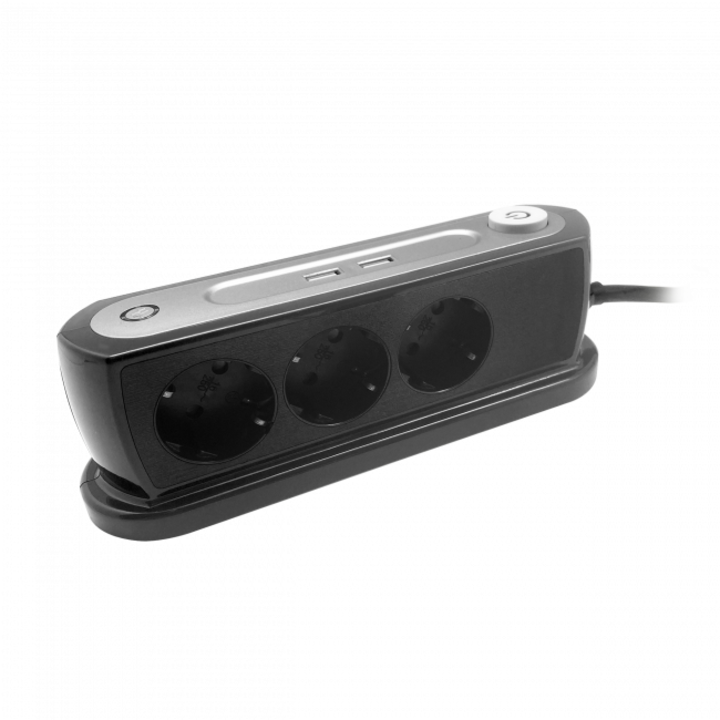 Удължител за бюро с превключвател, Orno, 3 гнезда, 2 x USB, 2.4A, 1.4 m, Черен
