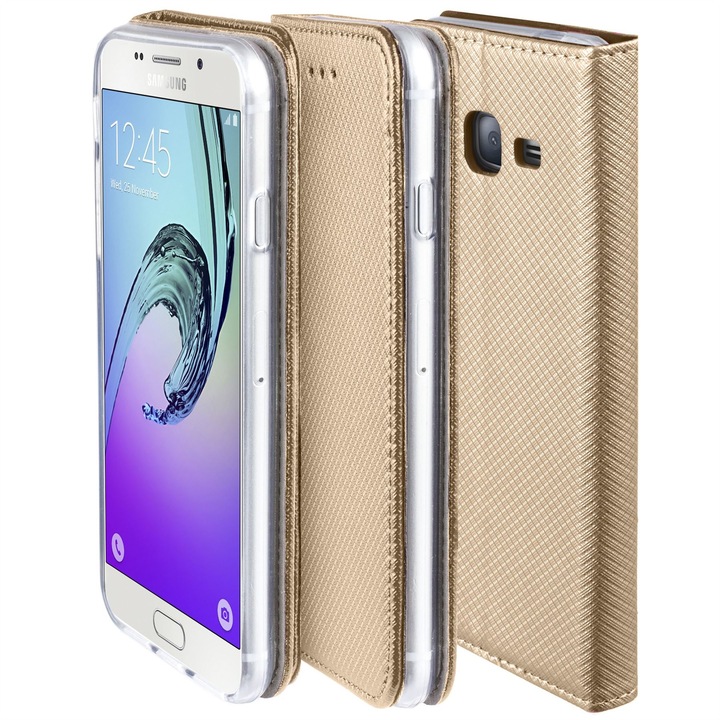 Калъф за телефон, Moozy, Flip On, за Samsung Galaxy J3 (2016), златист, Еко кожа