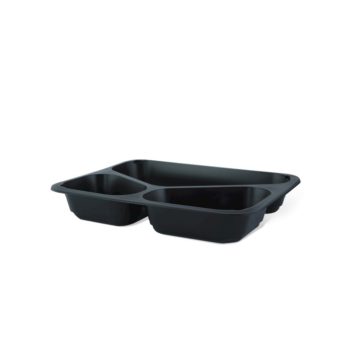 Caserola cu capac termosudabila neagra, 3 compartimente, 227x178x40 mm, 50buc/set