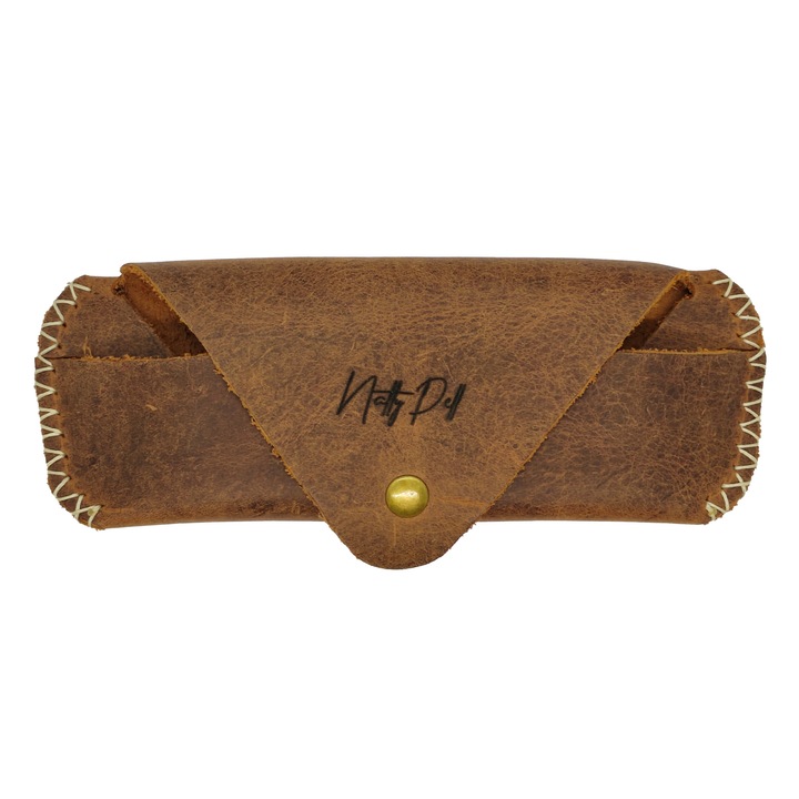 Toc de ochelari Natty Pell pentru ochelari de soare sau de vedere cusut manual din piele naturala maro cusut cu alb