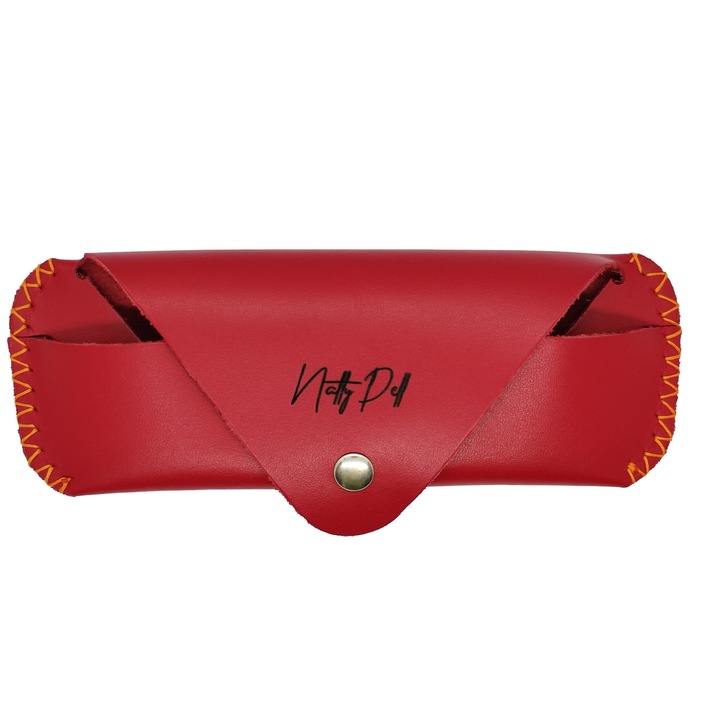 Toc Natty Pell, pentru ochelari de soare sau de vedere, cusut manual din piele naturala rosie si ata portocalie