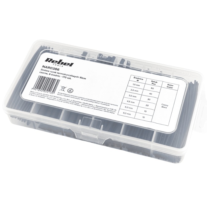 Set 170 piese tuburi contractbile 10cm, albe si negre, Rebel Tools