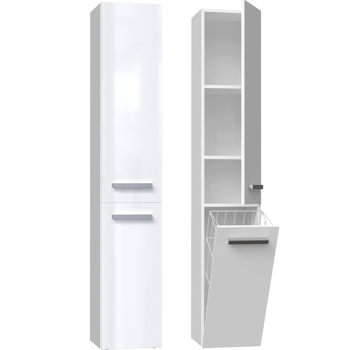 Fürdőszoba szekrény Bagnoli Slim VI matt fehér / fényes fehér - Szabadon álló szekrény, fürdőszoba oszlop, polc 30 cm x 174 cm x 30 cm