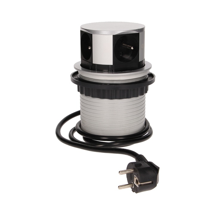 Priza pentru mobila, ORNO, Plastic + Aluminiu, 4x2P+Z, 10 cm, Extensibila, Cablu 1,5 m, Alb/Negru