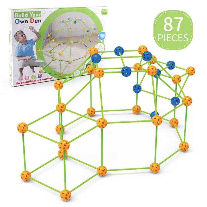 Set construit, ideal pentru forturi, distractie pentru copii, 87 piese de plastic durabile, pot crea structuri la nesfarsit, dezvolta creativitatea si indemanarea, pentru interior si exterior - FORTKID