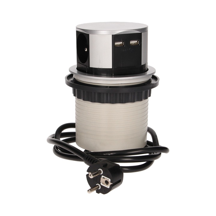 Priza pentru mobila, ORNO, Plastic + Aluminiu, 3x2P+Z si 2xUSB, Cu incarcator USB, 10 cm, Extensibila, Cu cablu de 1.5 m, Alb/Negru