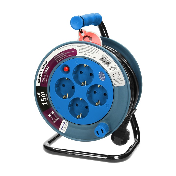 Prelungitor Mini cu Tambur ORNO OR-AE-1339/T(GS), 15m , 4 Prize 2P+E Schuko, 2300W, 10A, Cablu 3x1mm2 H05VV-F, Cadru Metalic, Clip de Fixare, Protectie Termica, Turcoaz