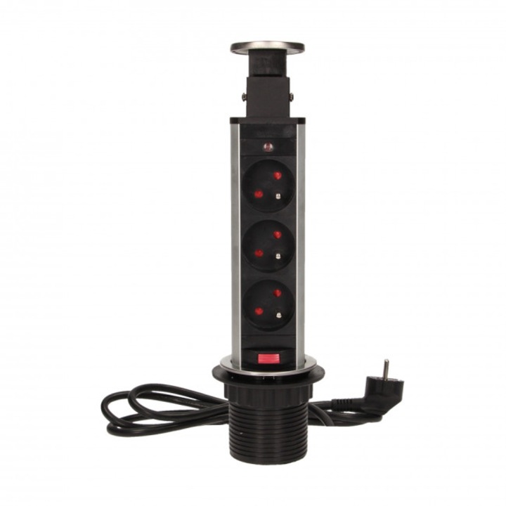 Мебелна розетка ORNO, INOX, 3x2P+Z, 6см, Разтегателна, С ключалка, 1.8м кабел, Черен/Червен