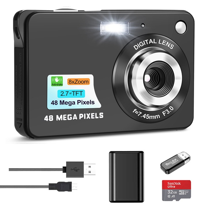 Цифров фотоапарат NBD, 2.7", 48MP, 8X цифрово увеличение, 32GB SD карта, Черен