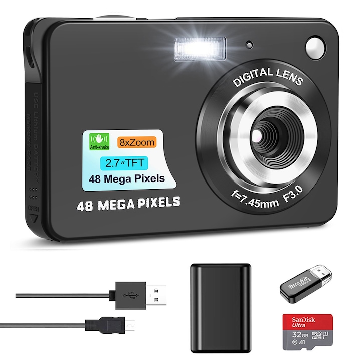 NBD digitális fényképezőgép, 2.7", 48 MP, 8X digitális zoom, 32 GB-os SD-kártya, fekete
