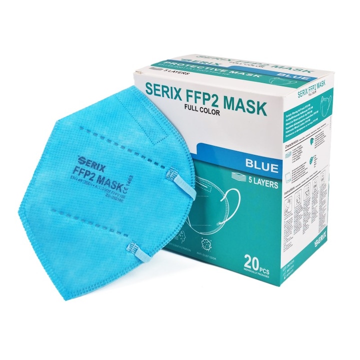 Защитна маска за лице FFP2 SERIX, Синя, 20 броя, Индивидуално опакована