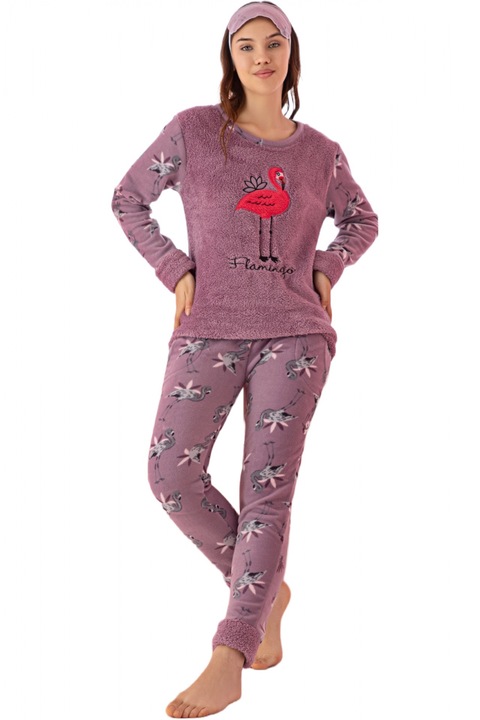 Pijama dama cocolino, pufoasa si calduroasa, imprimeu Flamingo, mov 4242, Mov