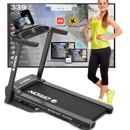 Banda de alergat electrica Orion Sprint N200, bluetooth, Fitshow/Kinomap/Zwift viteza 14 km/h, motor 2 cp, inclinare manuala, greutate suportata 110kg, pliabila
