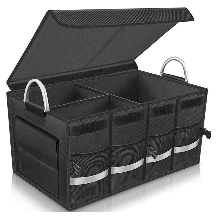 Organizator Portbagaj Auto, Geanta Multifunctionala, Pliabil, 3 Compartimente, Capacitate 46L, Material 1680D Oxford Impermeabil, Dimensiuni 50x35x30 cm, Banda reflectorizanta, Negru