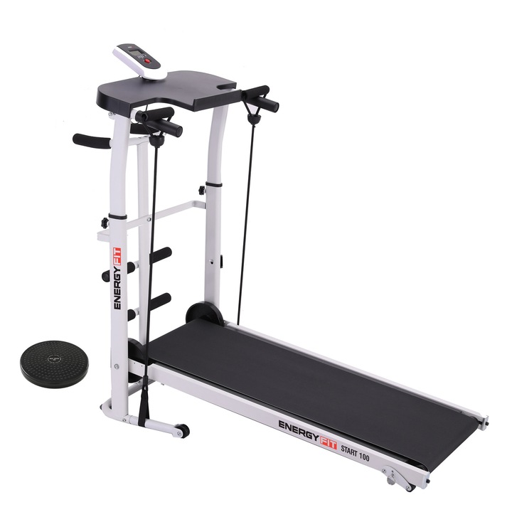 Banda de mers mecanica Energy Fit Start 100, pliabila, suprafata 100x35 cm, max 100 kg, display LCD, silentioasa, roti transport, usoara 16 kg, uz casnic