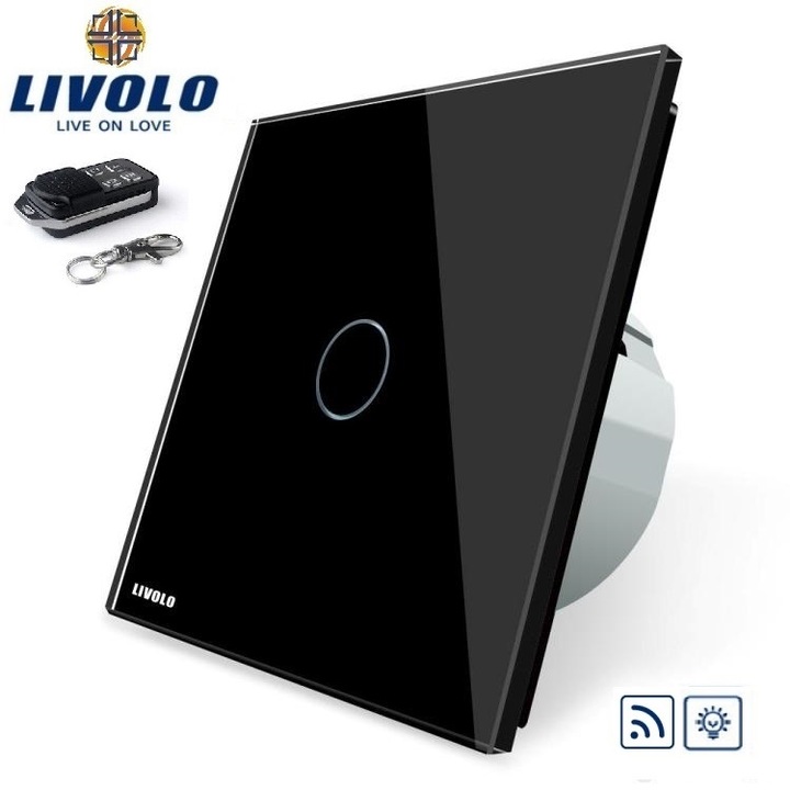 Единичен сензорен ключ LIVOLO, с кристален панел и възможност за дистанционен контрол, VL-C701R-12, черен