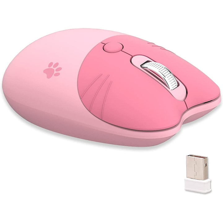 Безжична мишка Cute Cat, 2,4 GHz, 1600 DPI, Безшумен, 10 х 3,5 х 7 cm, Розов