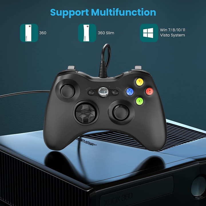 Контролер, Двойна вибрация, Турбо, С кабел, Съвместим с Xbox 360/360 Slim и PC Windows 7/8/10/11, 14.5×10×6cм, Черен