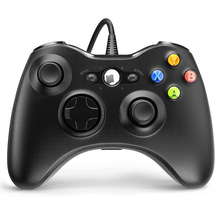 Controler de joc cu fir Xbox 360, cu vibratii duble turbo, Compatibil cu Xbox 360/360 Slim si PC Windows 7/8/10/11, 14,5×10×6 cm, Negru