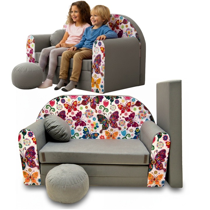Canapea pliabila pentru copii Tuppi, 160x98x60cm, Din spuma, Husa detasabila, Model fluturi pe fond gri, Multicolor