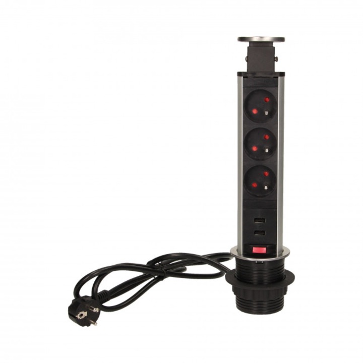 Букса мебелна, ORNO, INOX, 3x2P+Z и 2xUSB, 6 см, Разтегателна, С USB зарядно, ключалка, и 1,8 м кабел, Черен/Червен