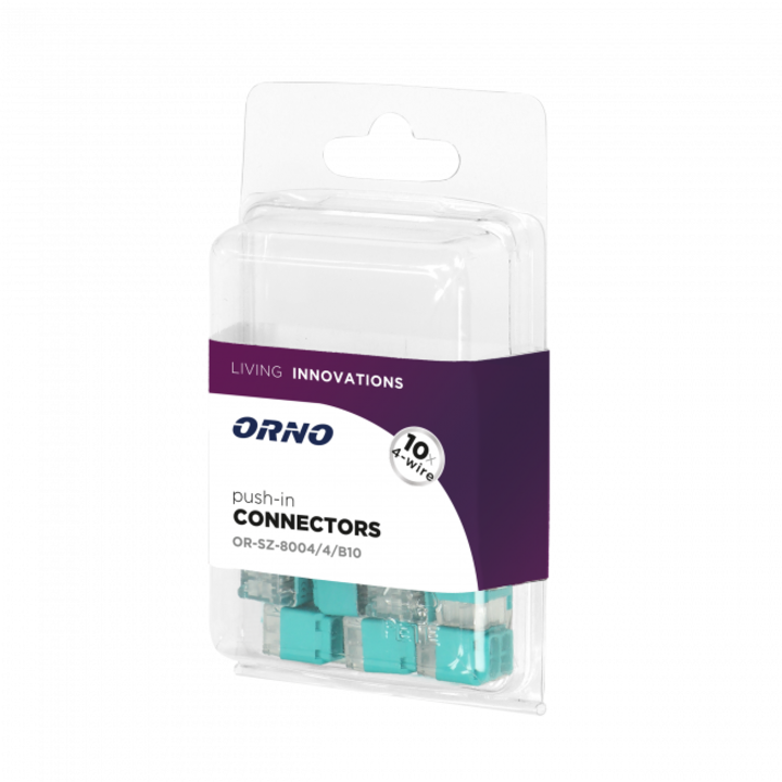 Set 10 conectori push-in, Orno, Policarbonat/Inox, 4 poli, 0.75/2.5 mmp, 300 V/24 A, Turcoaz/Transparent