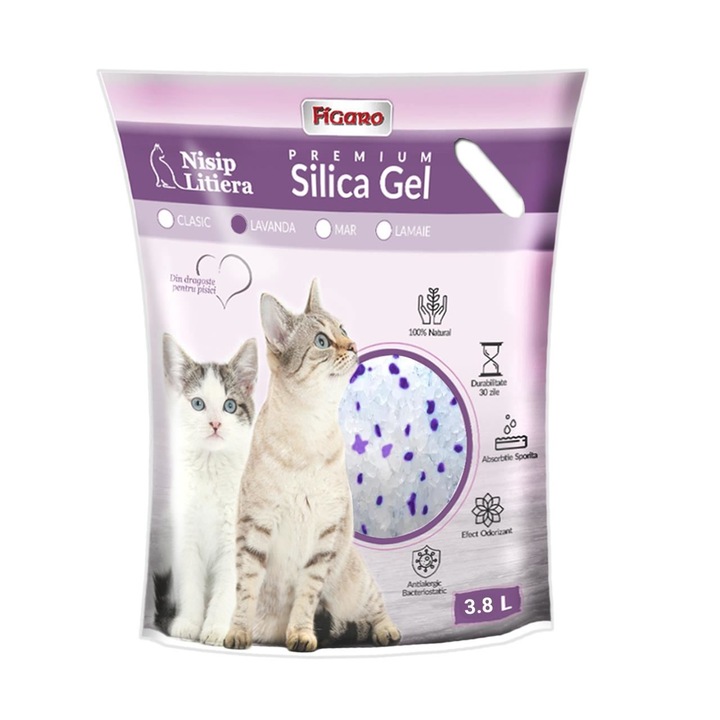 Asternut pentru litiera pisici, nisip silica-gel, lavanda, Figaro premium 3.8l