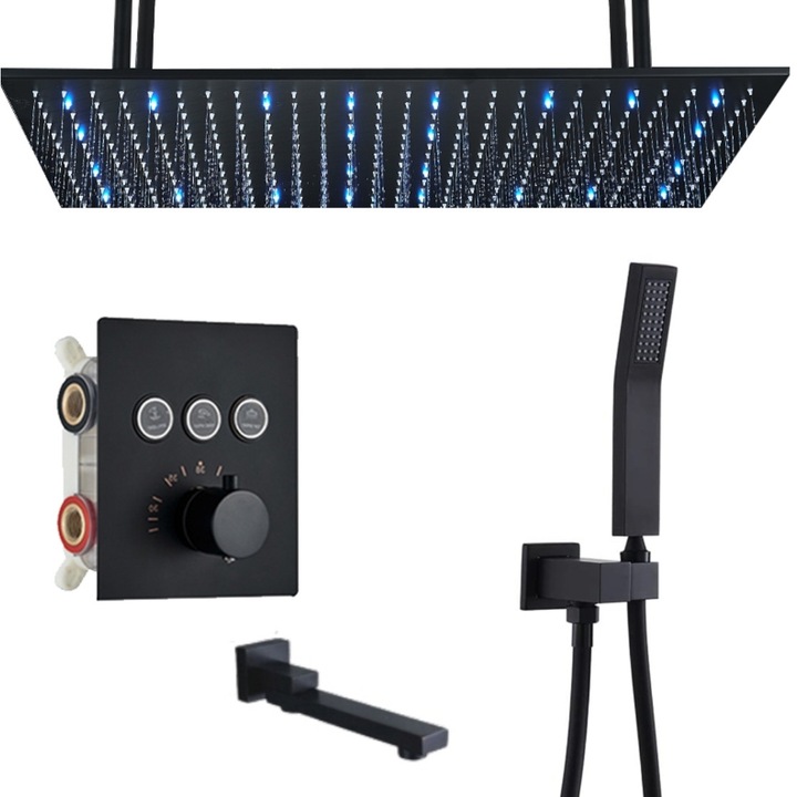 Set baterie dus, Blackswan, Tip M161, model negru mat, cu 3 cai, termostat, iluminare LED, pipa mobila si montare tavan, dimensiune 80 cm