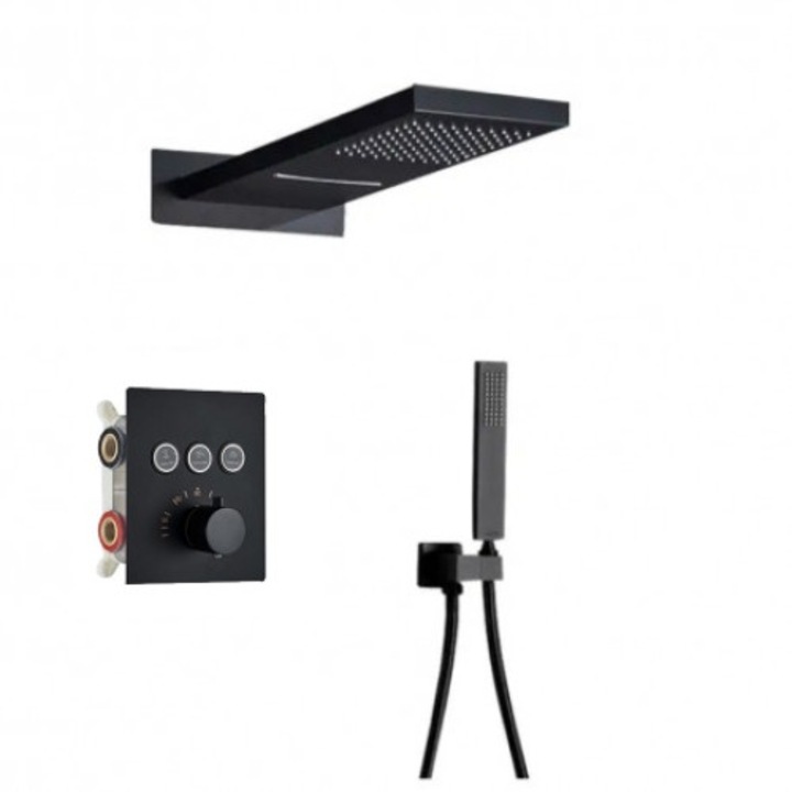 Set baterie dus, Blackswan, Tip M164, model negru mat, cu 2 cai, termostat, dimensiune 54 cm