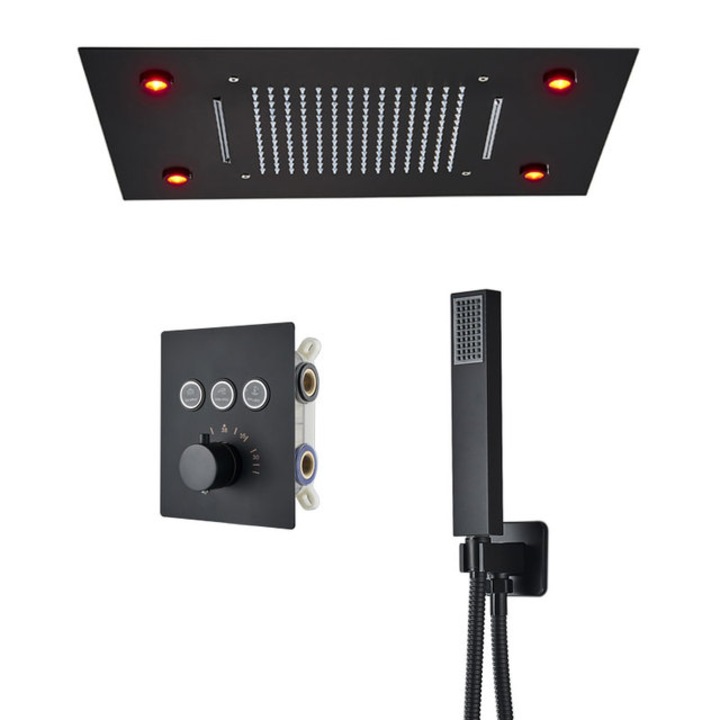 Смесител за душ, Blackswan, Тип M165, черен матов модел, двупътен, термостат, дистанционно и LED осветление, размер 50 см