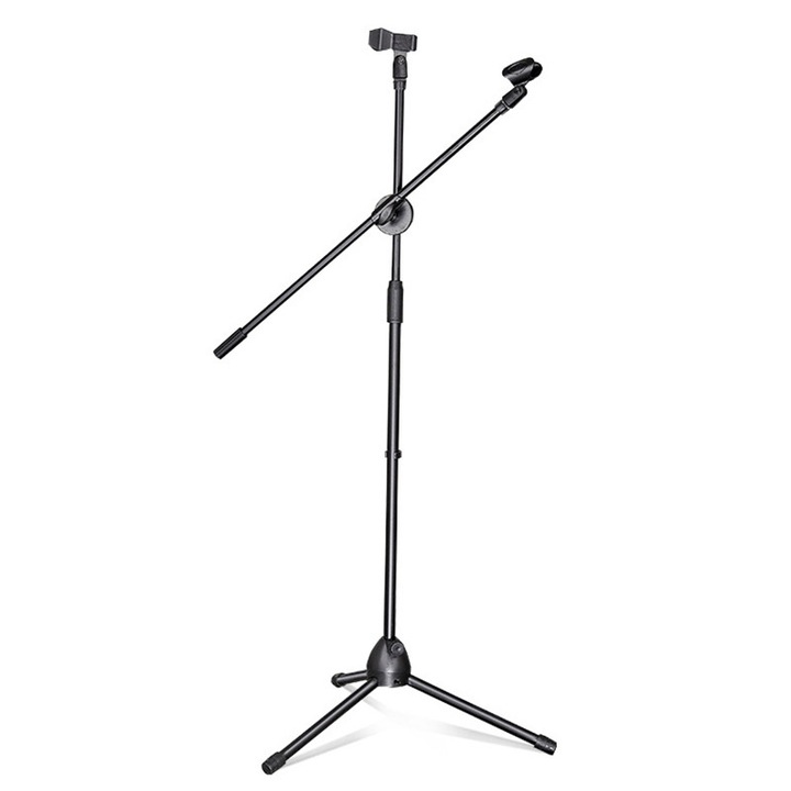 Stativ pentru microfon profesional din otel, MorFansi, trepied cu inaltime reglabila, inaltime maxima 146 cm, Negru