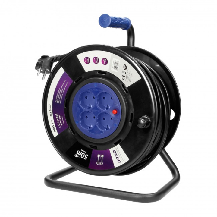 Удължител с барабан, ORNO, 4 щепсела, Schuko), PVC, 50 м, черен/син