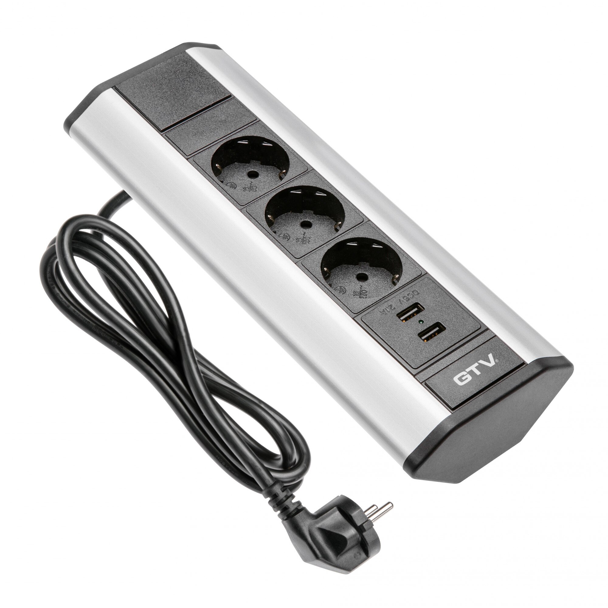 Priza perete/colt 3xSchucko si 2xUSB aluminiu GTV