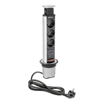 Priza incastrabila rotunda 3xSchuko, 2 USB, argintie, 60 mm Priza incastrabila rotunda 3xSchuko, 2 USB, argintie, 60 mm