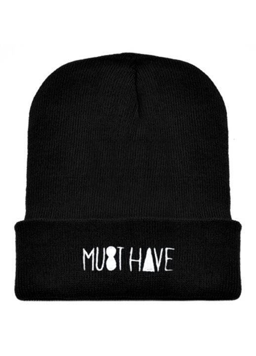 Caciula unisex Volan, Acril, Imprimeu text, Negru/Alb, One size