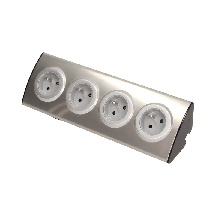 Priza mobila bucatarie, 4x2P+Z, Prindere Velcro, Inox, Argintiu