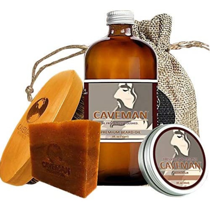 Комплект за грижа за брада и мустаци, Caveman, Deep Forest Aroma, масло 30 ml, сапун 141 gr, балсам 30 ml, дървена четка, чанта