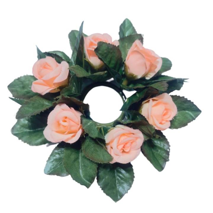 Coronita decorativa pentru lumanari sau mici figurine, Cu 6 trandafiri, Textil, Plastic, 13 cm, Roz somon deschis, Verde inchis