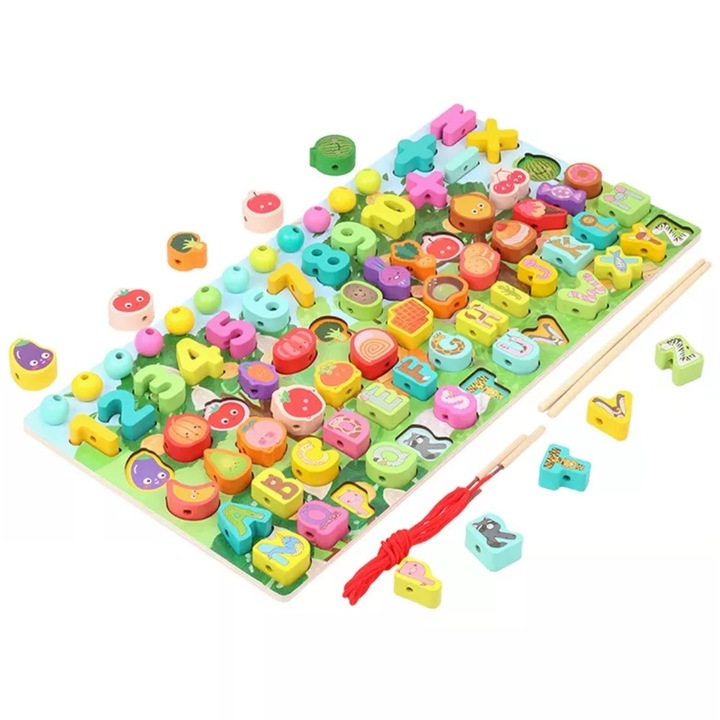 Joc educativ logaritmic Montessori din lemn 6 in 1 Fructe, Snuruit si indemanare, multicolor, Toyska®
