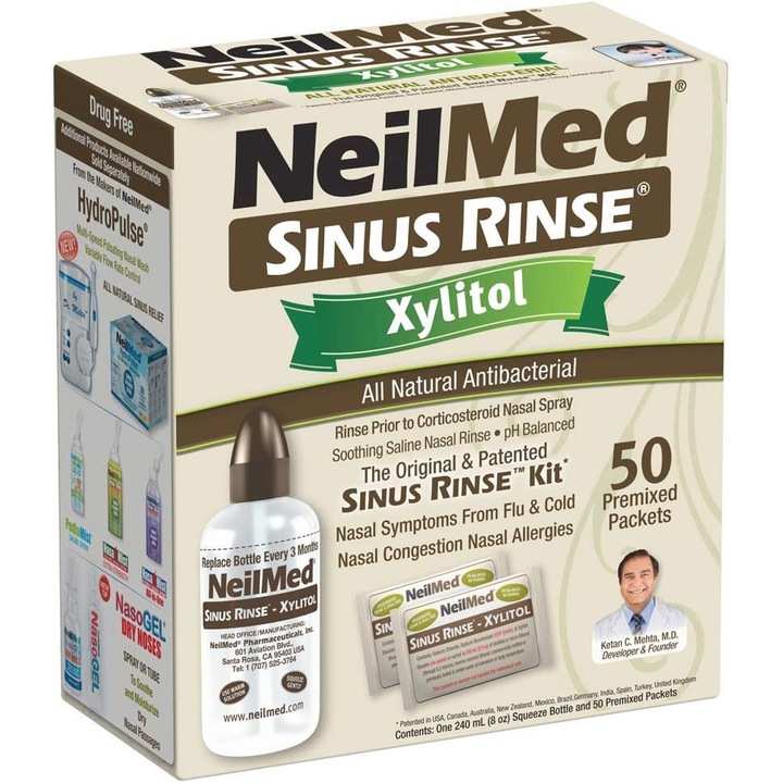 Set Irigator Nazal si Solutie Salina, NeilMed, Sinuse Rinse, pentru Curatare Sinusuri si Decongestie Nazala, cu Xylitol, Capacitate 240ml, 50 plicuri x 2.4gr