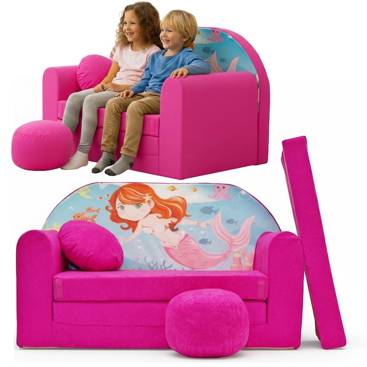 Canapea pliabila pentru copii Tuppi, 160x98x60cm, Din spuma, Husa detasabila, Model sirena, Multicolor