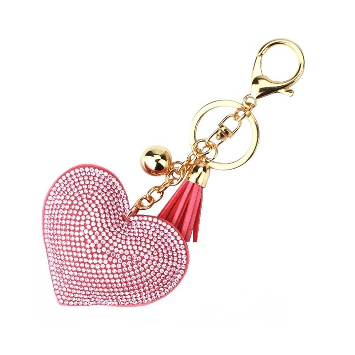Ключодържател сърце с пискюли и камбанка, за ключове и чанти, Розов