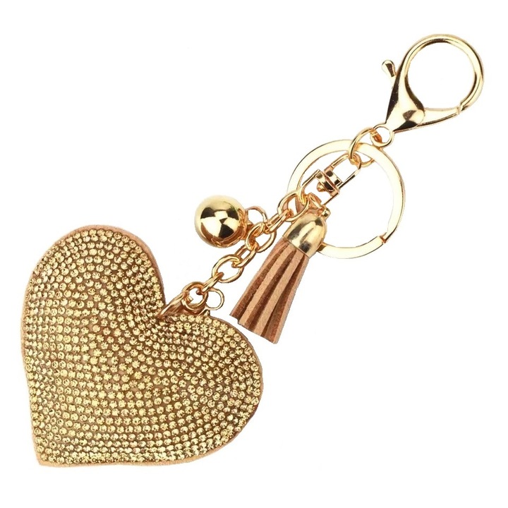 Ключодържател сърце с пискюли и звънче, за ключове и чанти, злато