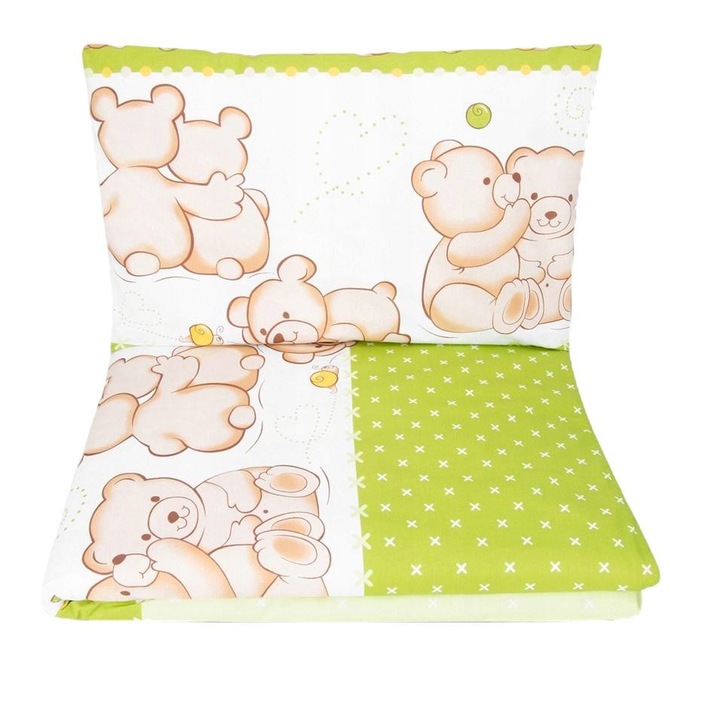 Set fata de perna/cuvertura pilota Teddy Bears, Tuppi, Bumbac, Antialergic, Verde/Maro